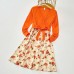 Sweet V-neck Long Sleeved Stitching Flower Orange Mom Girl Matching Dress