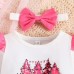 【0M-18M】3-piece Baby Girl Cute Christmas Print Romper And Pink Leopard Pants Set With Bow Hairband