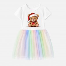 【12M-7Y】Girl Christmas Bear Print Cotton Stain Resistant Cartoon Splicing Tulle Short Sleeve Dress