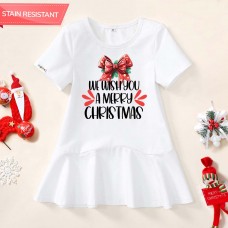 【18M-9Y】Girl Christmas Letters And Bow Print Stain Resistant Cotton Short Sleeve Dress