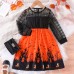 【3Y-7Y】Girls Halloween Printed Orange Round Neck Long Sleeve Dress