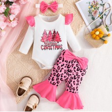 【0M-18M】3-piece Baby Girl Cute Christmas Print Romper And Pink Leopard Pants Set With Bow Hairband