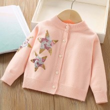 【2Y-8Y】Girls Fashion Sequin Star Embroidered Long Sleeve Sweater Cardigan