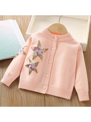 【2Y-8Y】Girls Fashion Sequin Star Embroidered Long Sleeve Sweater Cardigan
