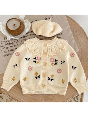 【12M-6Y】Girls Cute Floral Embroidered Lapel Sweater Cardigan (Hat Not Included)