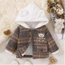 【3M-24M】Unisex Baby Bear Embroidered Padded Fleece Hooded Jacket