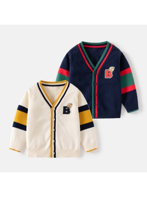 【18M-6Y】Boys Casual Letter Embroidered Long Sleeve Sweater Cardigan