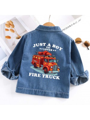 【2Y-10Y】Boys Letter And Fire Truck Print Blue Denim Jacket