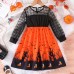 【3Y-7Y】Girls Halloween Printed Orange Round Neck Long Sleeve Dress