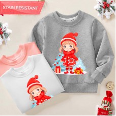 【12M-9Y】Girl Cartoon Christmas Print Cotton Stain Resistant Long Sleeve Sweatshirt
