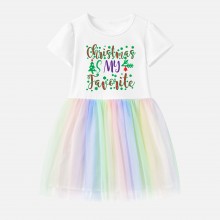 【12M-7Y】Girl Christmas Letters Print Cotton Stain Resistant Cartoon Splicing Tulle Short Sleeve Dress