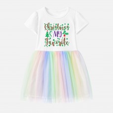 【12M-7Y】Girl Christmas Letters Print Cotton Stain Resistant Cartoon Splicing Tulle Short Sleeve Dress
