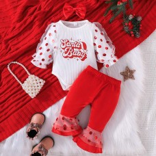 【3M-24M】3-piece Baby Girl Cute Christmas Letter And Polka Dot Print White Romper And Red Pants Set With Bow Hairband