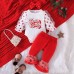 【3M-24M】3-piece Baby Girl Cute Christmas Letter And Polka Dot Print White Romper And Red Pants Set With Bow Hairband