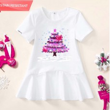 【18M-9Y】Girl Pink Christmas Tree And Bow Print Stain Resistant Cotton Short Sleeve Dress