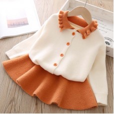 【12M-5Y】Girls Lapel Long Sleeve Cardigan Short Skirt Suit - 34114