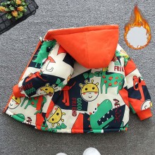 【18M-8Y】Boy Casual Velvet Keep Warm Cartoon Giraffe Dinosaur Print Colorblock Hooded Jacket