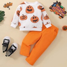 【12M-5Y】Unisex Cute Halloween Print Round Neck Sweatshirt And Pants Set