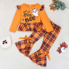 【12M-5Y】Girls Cute Halloween Print Long Sleeve T-shirt And Plaid Flare Pants Set - 34261