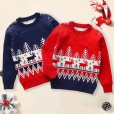 【2Y-8Y】Boy Christmas Elk Christmas Tree Jacquard Colorblock Round Neck Sweater