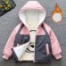 【18M-8Y】Girl Casual Velvet Keep Warm Letter Print Colorblock Hooded Jacket