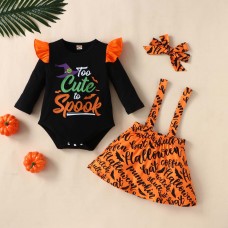 【6M-3Y】3-piece Baby Girl Halloween Print Romper And Suspender Skirt Set