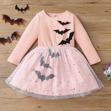 【18M-7Y】Girl Cute Halloween Print Tulle Splicing Long Sleeve Dress - 33223