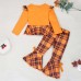 【12M-5Y】Girls Cute Halloween Print Long Sleeve T-shirt And Plaid Flare Pants Set - 34261