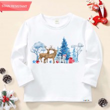 【12M-9Y】Unisex Kid Cotton Stain Resistant Christmas Print Long Sleeve Tee