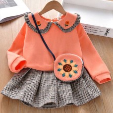 【18M-7Y】Girl 3-piece Doll Collar Sweatshirt And Plaid Pleated Skirt Set With Bag - 34157