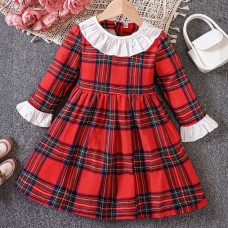 【18M-6Y】Girls Red Plaid Long Sleeve Dress