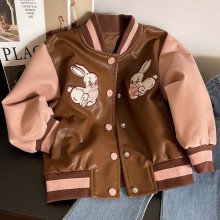 【18M-8Y】Girls Brown Bunny Embroidered PU Leather Jacket