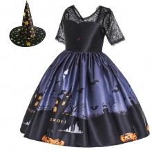 【2Y-11Y】2-piece Girls Multicolor Halloween Print Princess Dress With Hat