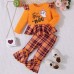 【12M-5Y】Girls Cute Halloween Print Long Sleeve T-shirt And Plaid Flare Pants Set - 34261