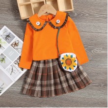 【18M-7Y】Girls Sweet Lapel Embroidered Top And Plaid Skirt Set With Bag