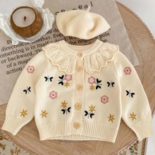 【12M-6Y】Girls Cute Floral Embroidered Lapel Sweater Cardigan (Hat Not Included)