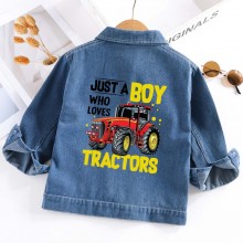 【2Y-10Y】Boys Casual Letters And Tractor Print Blue Denim Jacket