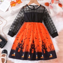 【3Y-7Y】Girls Halloween Printed Orange Round Neck Long Sleeve Dress