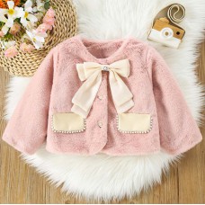 【12M-4Y】Girls Sweet Bow And Pearl Faux Fur Coat