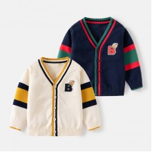 【18M-6Y】Boys Casual Letter Embroidered Long Sleeve Sweater Cardigan