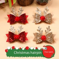 4-Piece Girls Christmas Moose Shape Sequin Bow Hair Clip Set