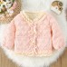 【12M-4Y】Girls Sweet Bow And Ruffle Heart Shape Jacquard Padded Fleece Coat