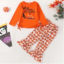 【2Y-9Y】Girl Cute Halloween Print Long Sleeve Tee And Flare Pants Set