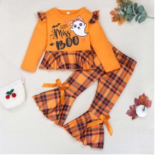 【12M-5Y】Girls Cute Halloween Print Long Sleeve T-shirt And Plaid Flare Pants Set - 34261