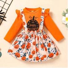 【12M-5Y】Girls Cute Halloween Print Long Sleeve T-shirt And Suspender Skirt Set