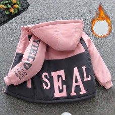 【18M-8Y】Girl Casual Velvet Keep Warm Letter Print Colorblock Hooded Jacket