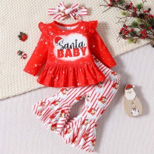 【3M-18M】3-piece Baby Girl Red Christmas Print Long Sleeve T-shirt And Pants Set With Hairband