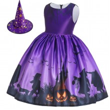 【2Y-11Y】2-piece Girls Multicolor Halloween Print Princess Dress With Hat - 33249