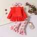 【3M-18M】3-piece Baby Girl Red Christmas Print Long Sleeve T-shirt And Pants Set With Hairband